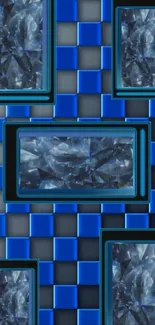 Blue geometric wallpaper with crystal-like patterns and metallic textures.
