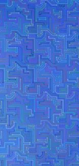 Blue geometric pattern wallpaper with maze-like design.