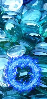 Blue glass stones with a vivid reflective texture for mobile wallpaper.