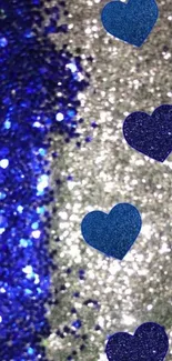 Blue glitter background with heart shapes on a mobile wallpaper.