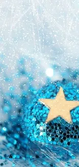 Blue glittery star on light background wallpaper.