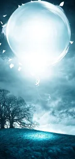 Mystical blue glow night wallpaper with light orb.