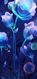 Blue glowing flowers with butterflies on dark background wallpaper.