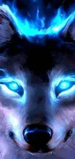 A blue glowing wolf with illuminating eyes and mystical flames.