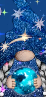 Charming gnome in blue glittery setting holding a glowing starry sphere.