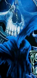 Blue gothic skull wallpaper with an hourglass and mysterious vibe.