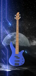 Blue guitar set against a cosmic night landscape with moon and stars.