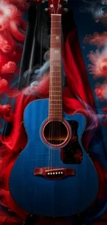 Blue guitar with vibrant red swirls wallpaper.