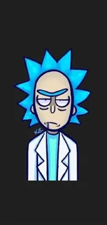 Cartoon character with spiky blue hair on a black background.