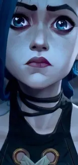 Blue-haired animated character with expressive eyes and detailed features.