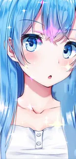 Blue-haired anime character with sparkles in digital art style.