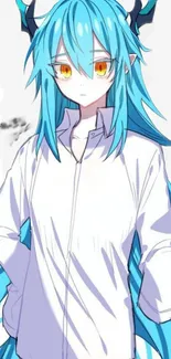 Anime character with blue hair and yellow eyes in white shirt.