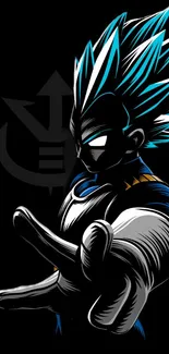 Anime character with blue hair in a striking pose on a black background.