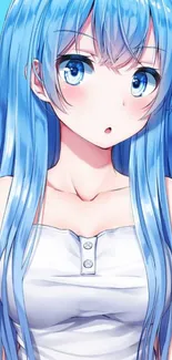 Anime girl with blue hair, wearing a white top, looking surprised.