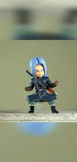 Anime toy figure with blue hair and dynamic stance.