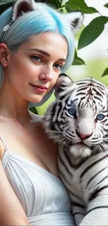 Blue-haired woman with a white tiger in a lush green setting.