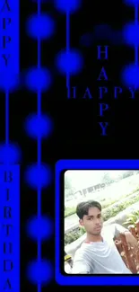 Blue Happy Birthday wallpaper with photo frame.