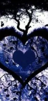 Abstract blue heart with black tree design wallpaper.