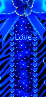 Blue wallpaper with butterfly and hearts.