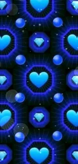 Blue hearts and diamonds pattern wallpaper with dark background.