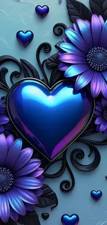 Blue heart with vibrant floral accents on a mobile wallpaper.