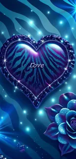 Blue heart and flower mobile wallpaper with sparkling effects.