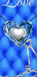 Blue quilted wallpaper with heart and keys.