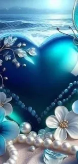 Blue heart with ocean and flowers wallpaper in fantasy style.