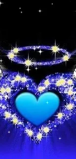 Mobile wallpaper with blue heart and sparkling starry halo design.