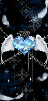 Blue heart with angel wings and feathers on a dark background.