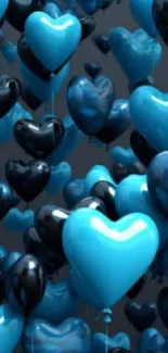 Floating blue and black heart-shaped balloons on wallpaper.