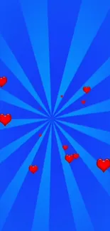 Vibrant blue wallpaper with scattered red hearts.