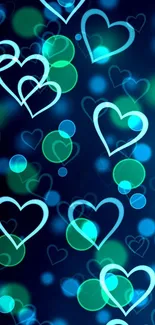 Blue heart bokeh wallpaper with glowing neon hearts and a dreamy aesthetic.