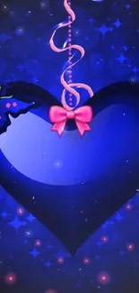 Vibrant blue heart wallpaper with butterfly and pink ribbon design.