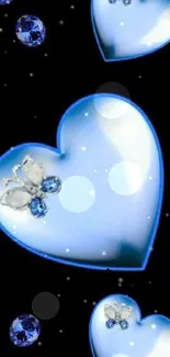 Blue heart wallpaper with butterfly accents and black background.