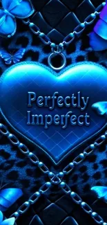 Blue metallic heart with butterflies and chains in a vibrant wallpaper