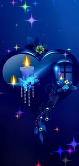 Blue heart with candles and flowers wallpaper.