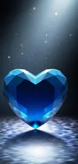 Blue gem heart illuminated by light on a starry background.