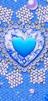 Blue heart diamond wallpaper with sparkling jewels and pearls.