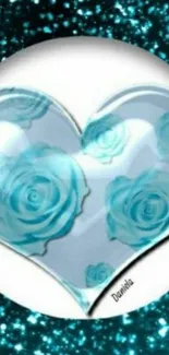 Blue heart with roses on sparkling teal background.