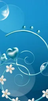 Floral and heart motif on blue wallpaper with bubbles.