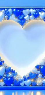 Blue wallpaper with glowing heart framed by vibrant hues.