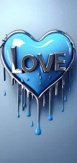 Blue heart dripping with love in metallic style on smartphone wallpaper.