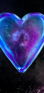 Blue neon heart with cosmic glow on dark background.