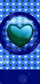 Glossy blue heart on vibrant patterned background wallpaper.