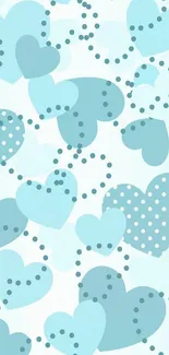 Light blue wallpaper with dotted heart patterns.