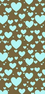 Mobile wallpaper with blue hearts on a brown background.