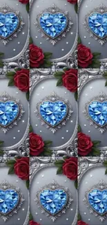 Blue diamond heart with red roses wallpaper.