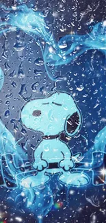 Snoopy sitting in a glowing blue heart amid a sparkling sky.