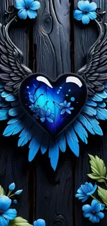 Blue heart with wings and flowers artwork.